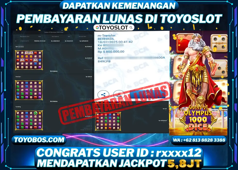 TOYOSLOT - BUKTI KEMENANGAN Gates of Olympus 1000 Dice Rp5,800,000,- LUNAS